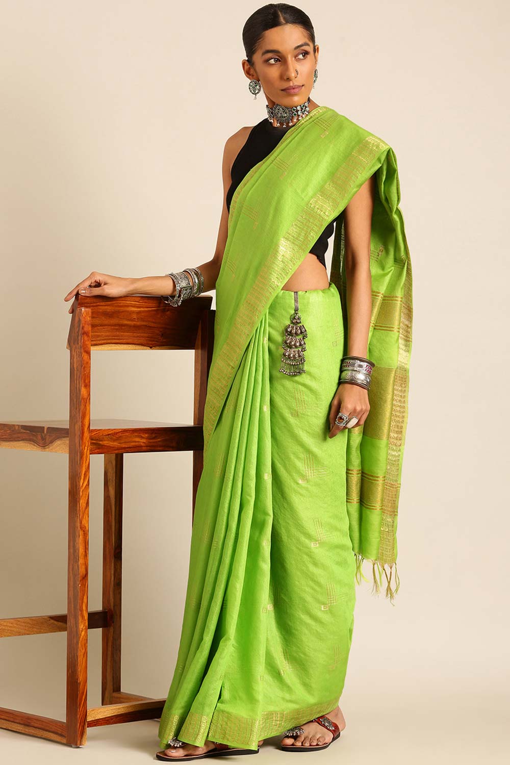 Green Silk Blend Woven Saree