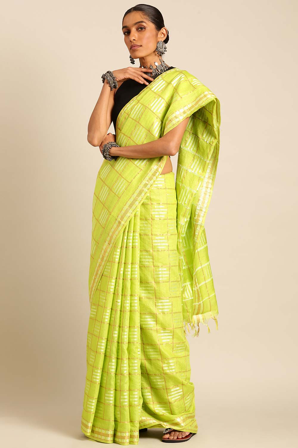 Green Silk Blend Woven Saree