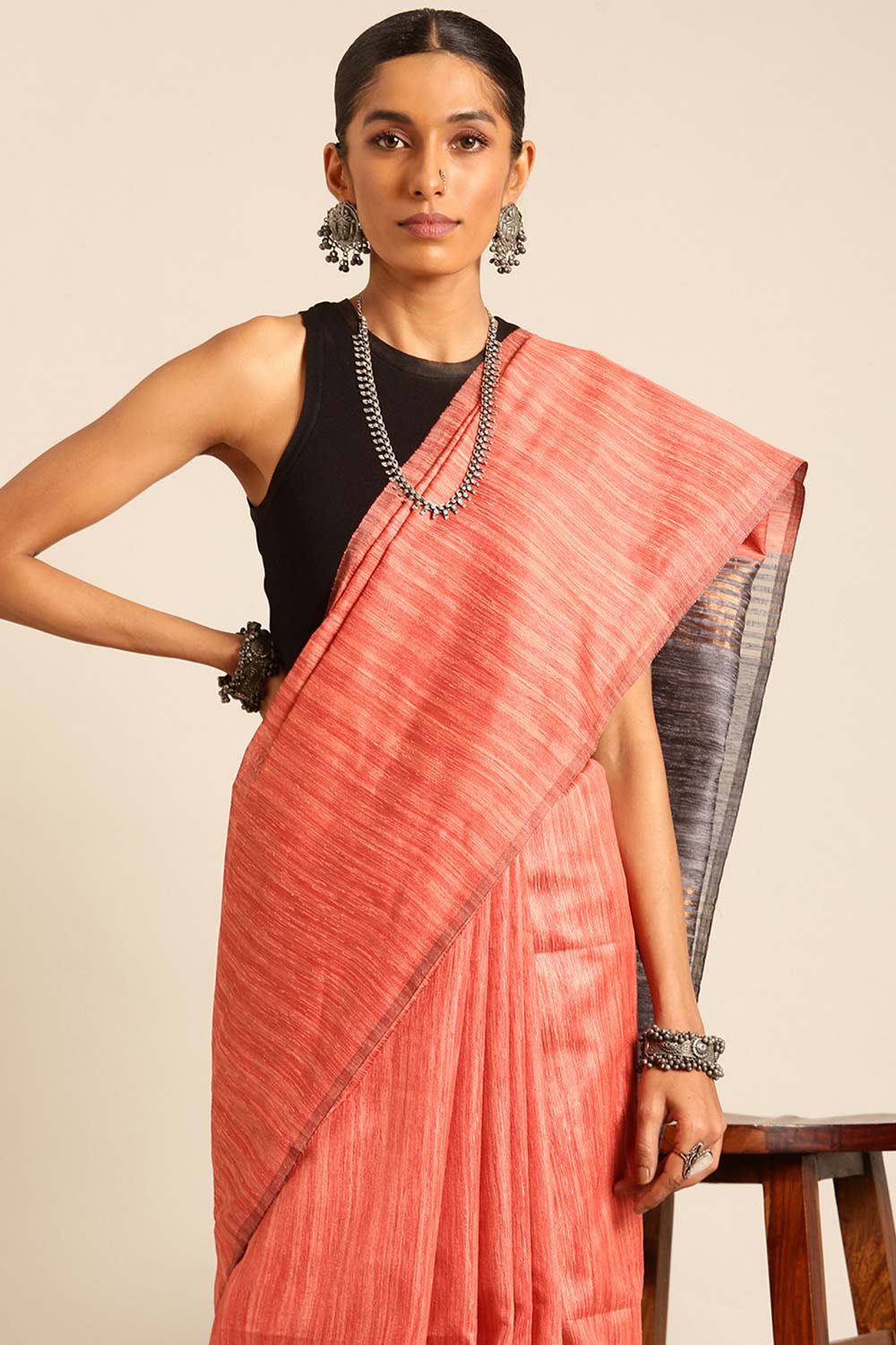 Peach Silk Blend Woven Saree