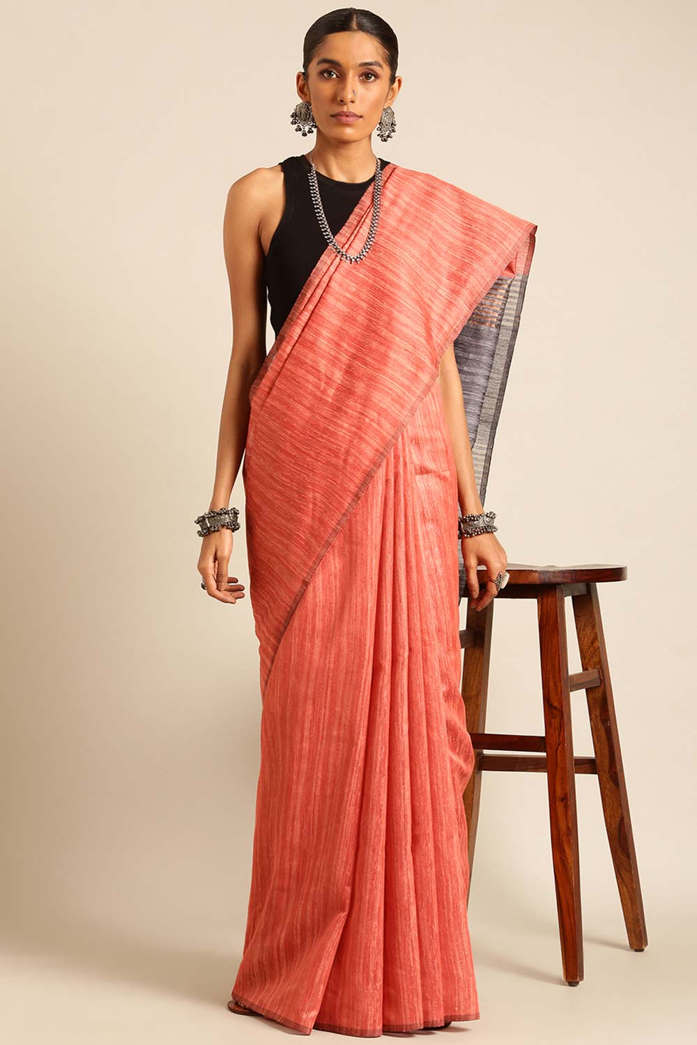 Peach Silk Blend Woven Saree