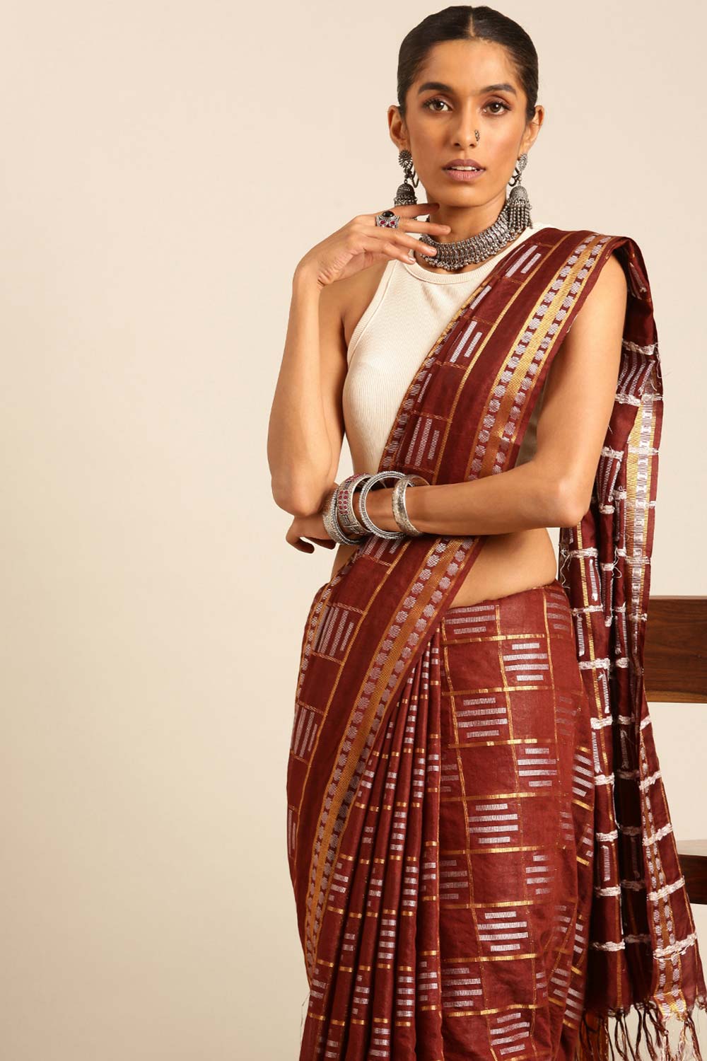 Brown Silk Blend Woven Saree