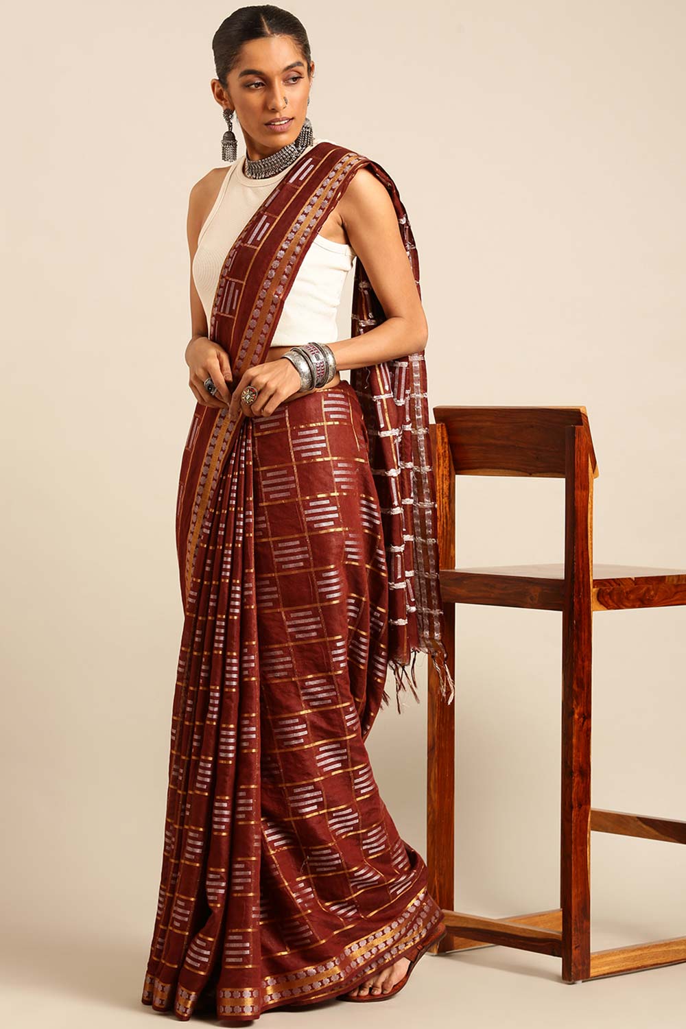 Brown Silk Blend Woven Saree