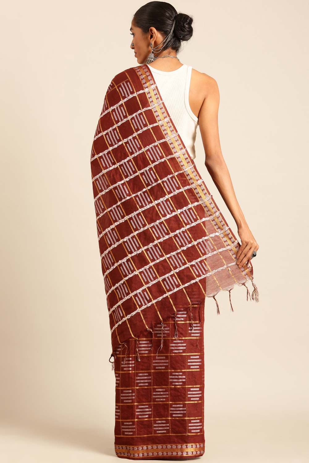 Brown Silk Blend Woven Saree