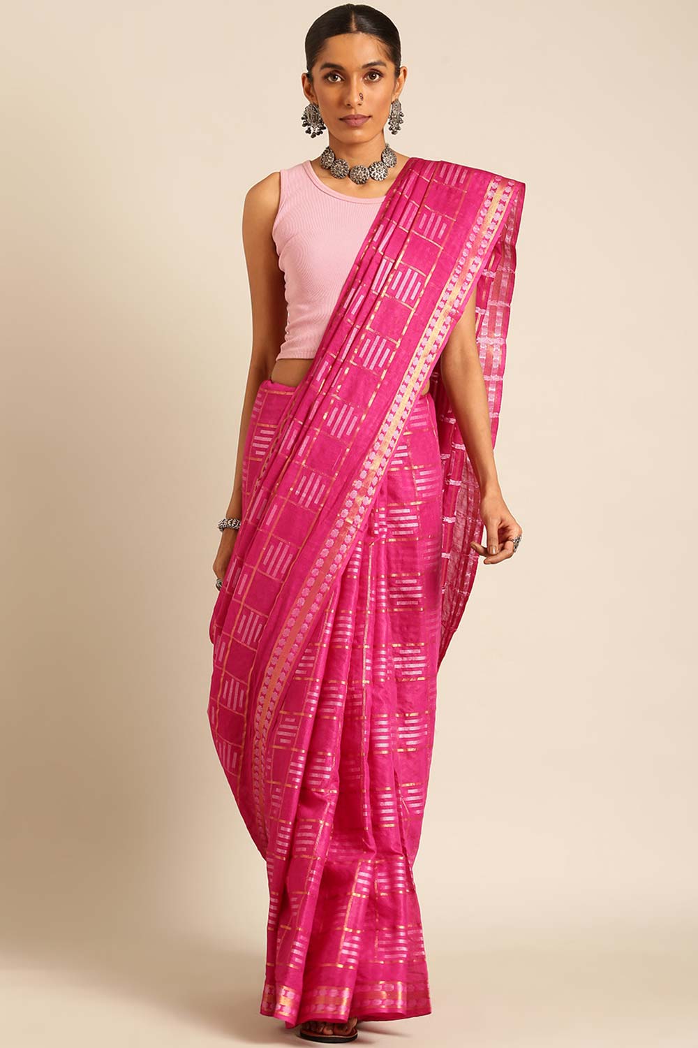 Pink Silk Blend Woven Saree