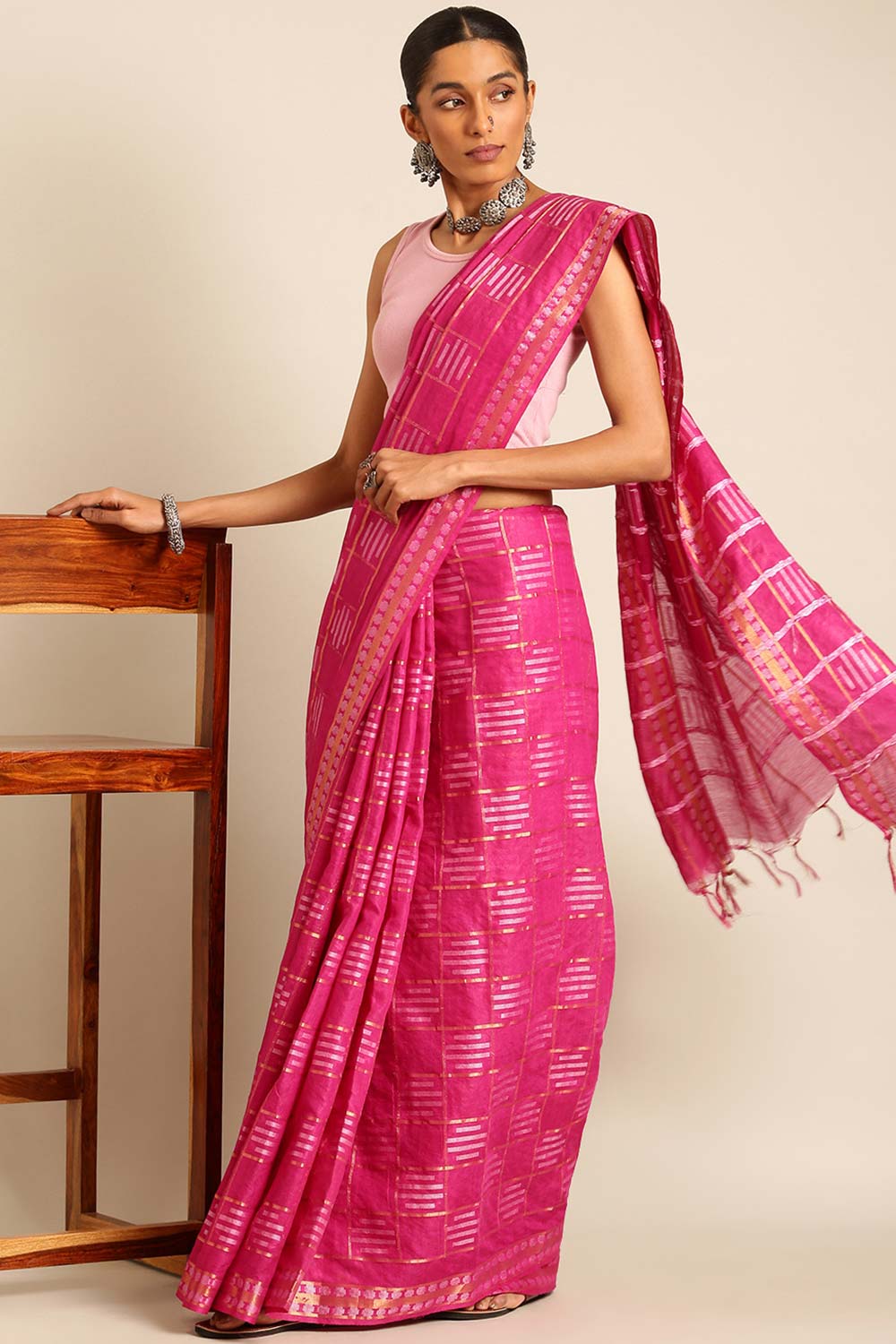 Pink Silk Blend Woven Saree