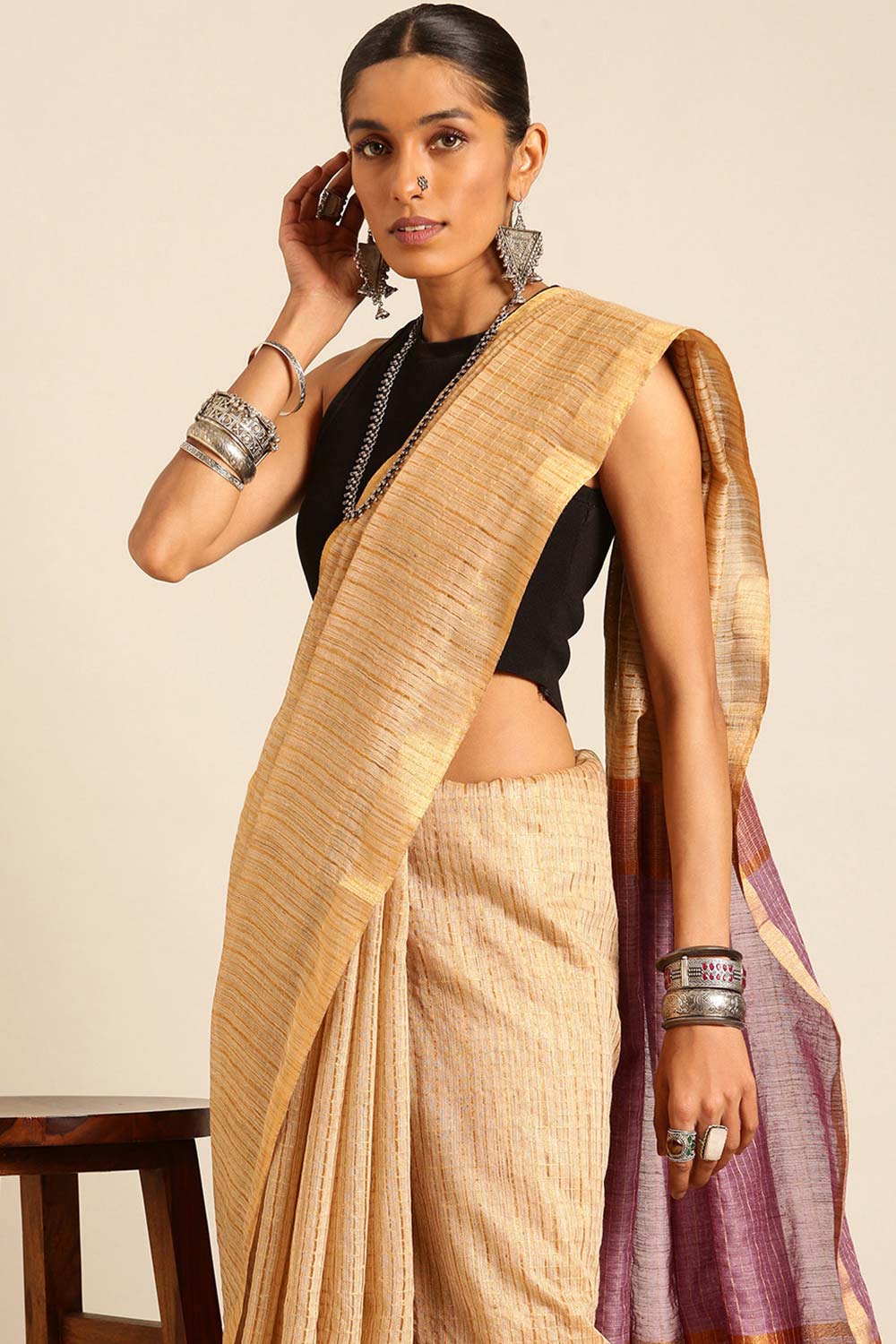 Beige Silk Blend Woven Saree