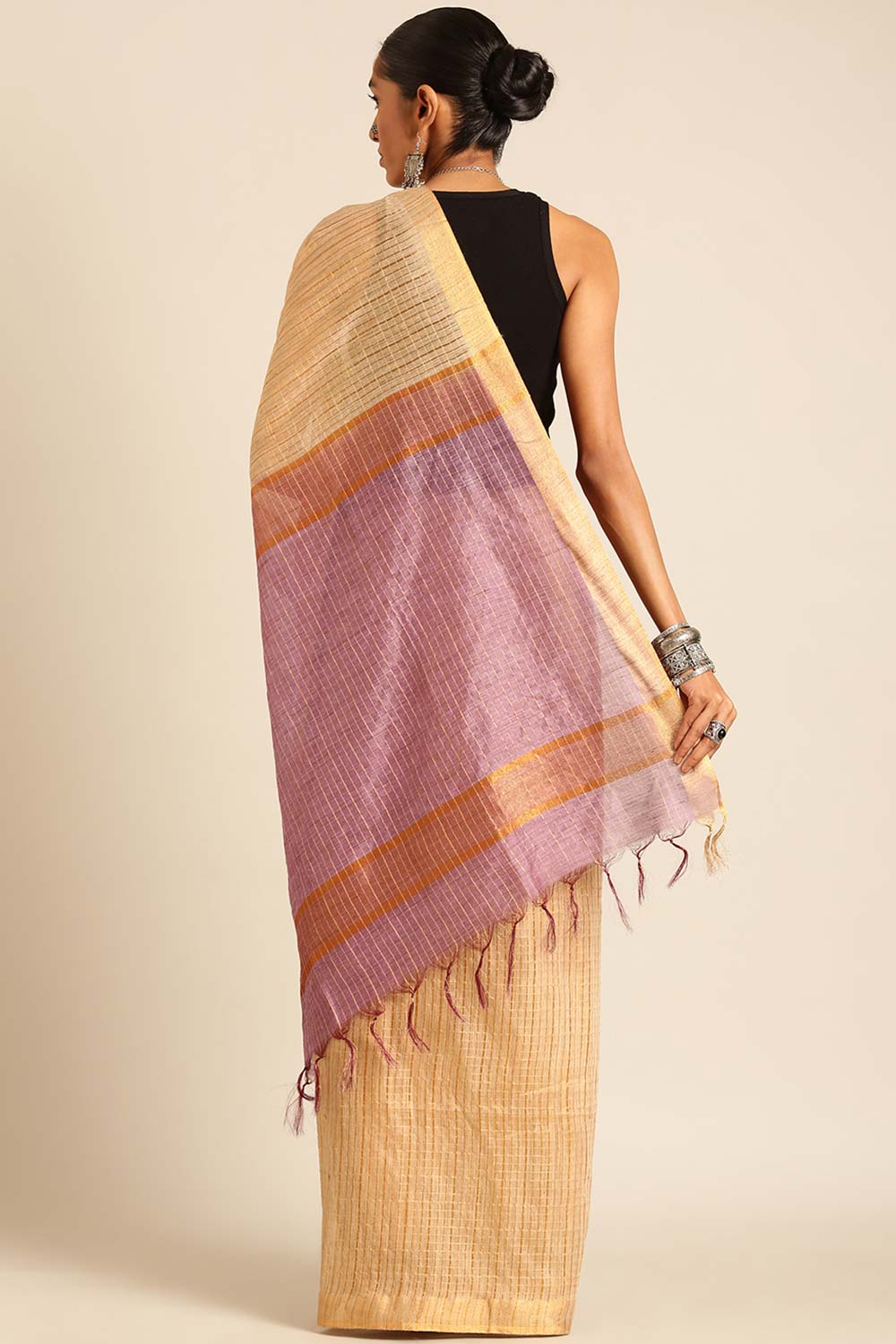 Beige Silk Blend Woven Saree