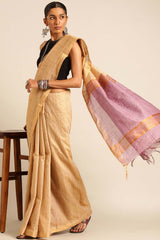 Beige Silk Blend Woven Saree