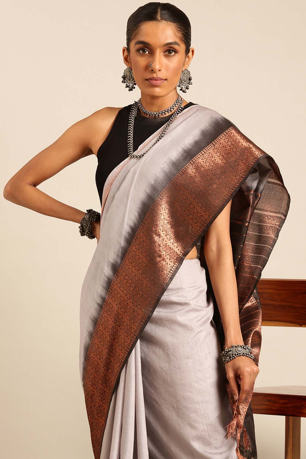 Grey Silk Blend Woven Saree