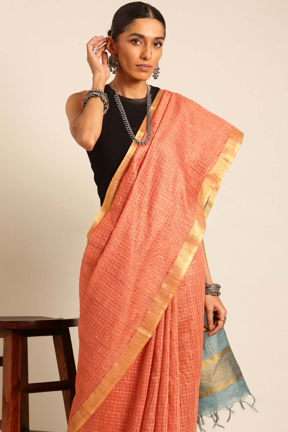 Peach Silk Blend Woven Saree