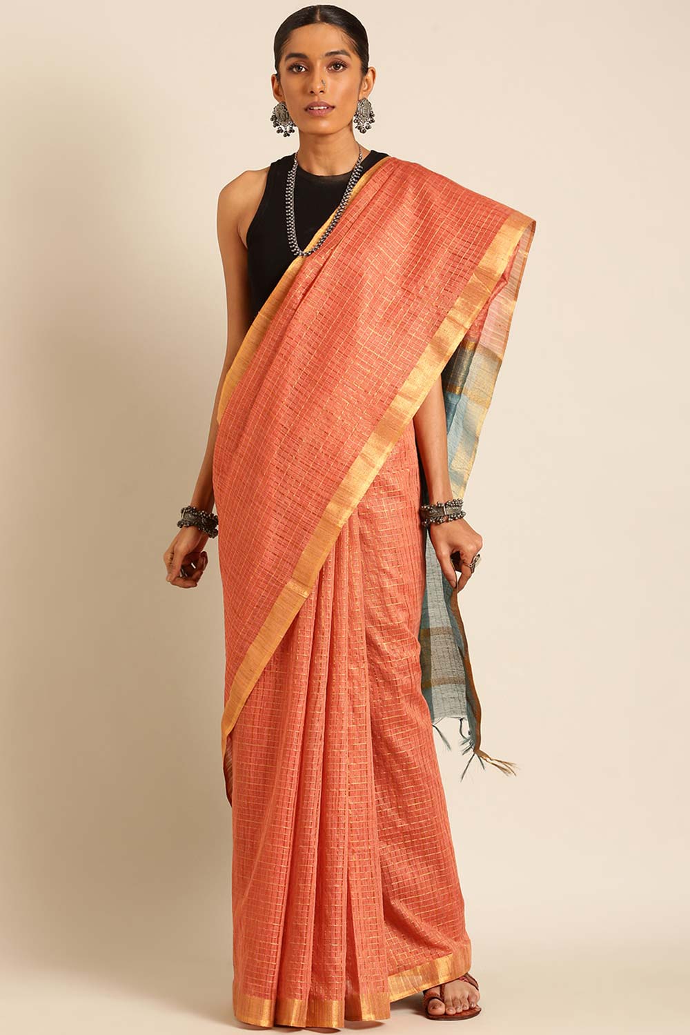 Peach Silk Blend Woven Saree