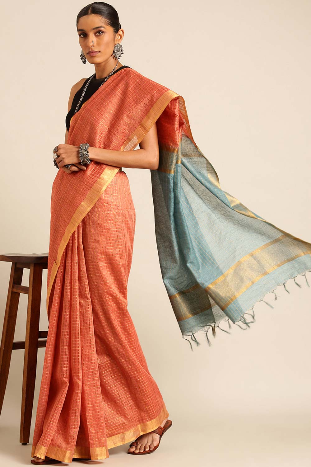 Peach Silk Blend Woven Saree