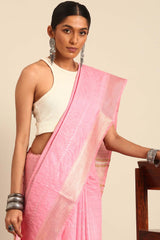 Pink Silk Blend Woven Saree