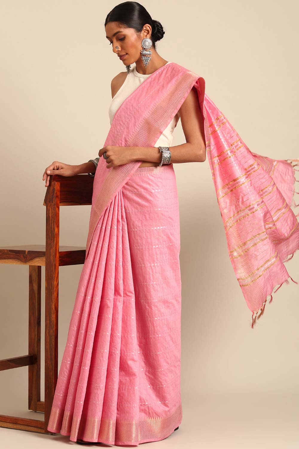 Pink Silk Blend Woven Saree