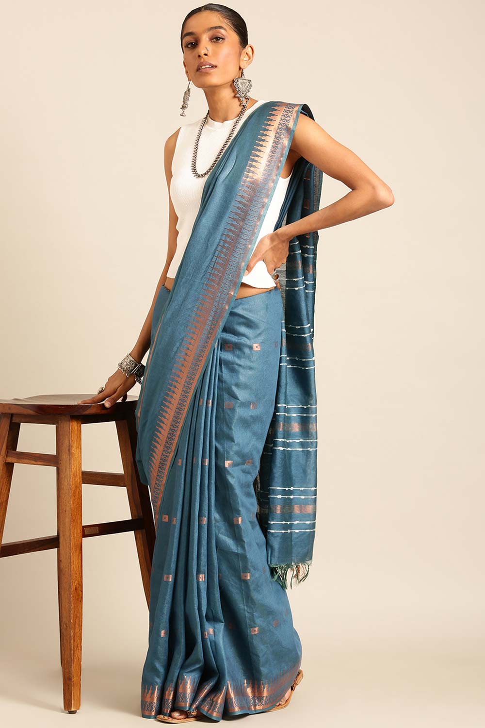 Blue Silk Blend Woven Saree