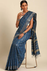 Blue Silk Blend Woven Saree