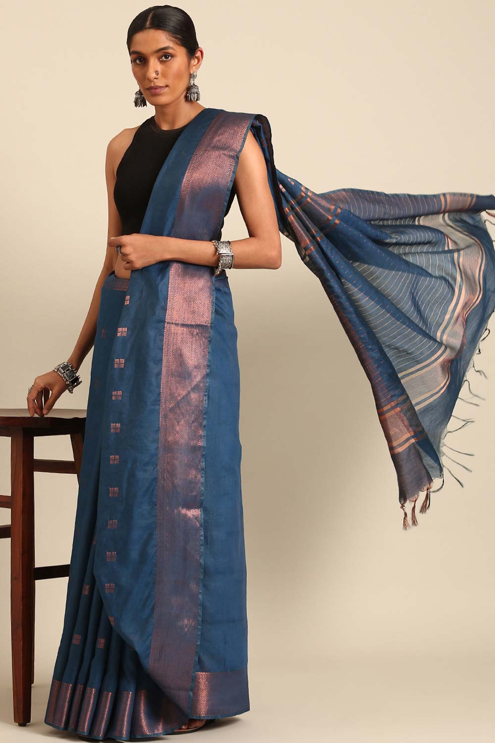 Blue Silk Blend Woven Saree