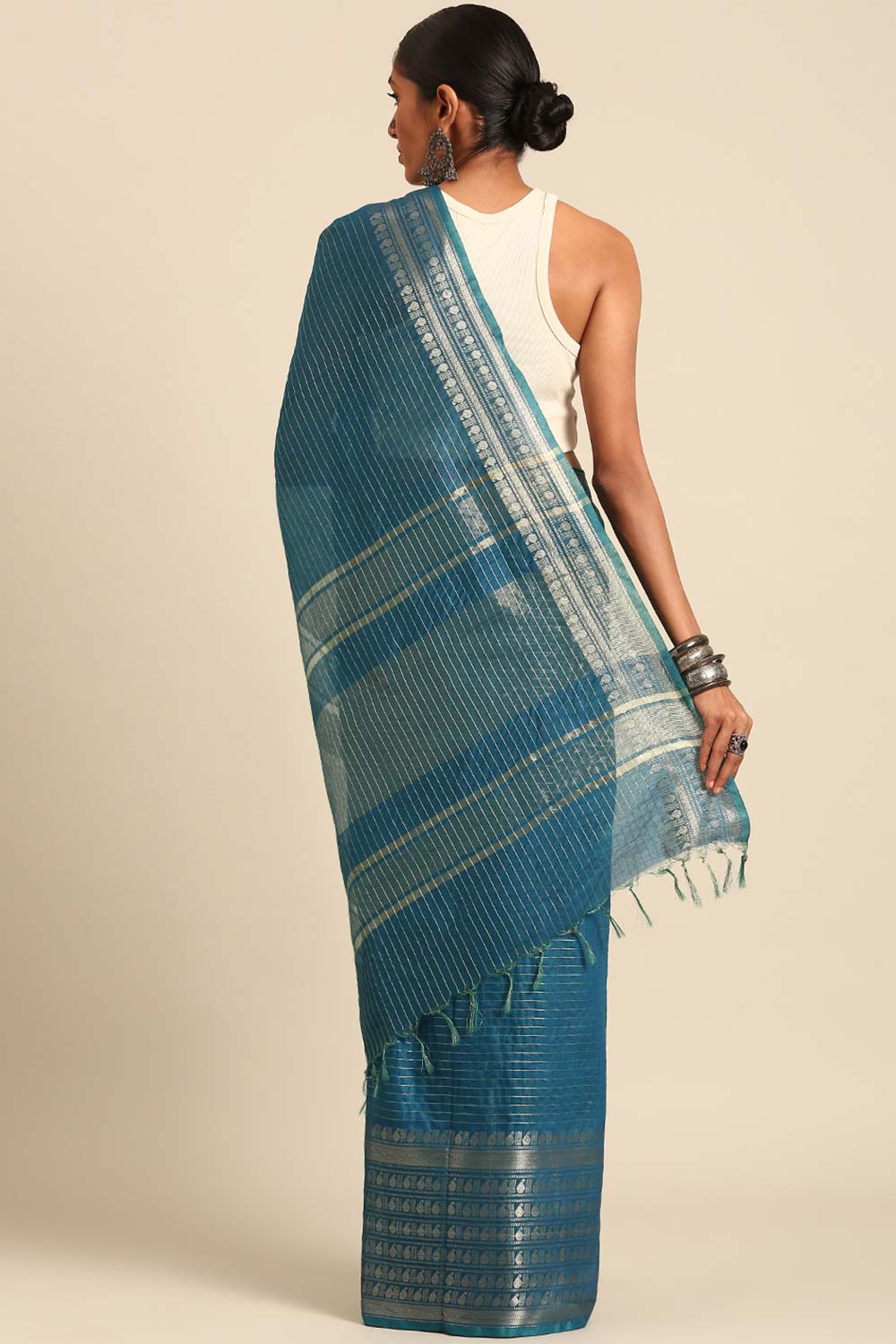 Blue Silk Blend Woven Saree