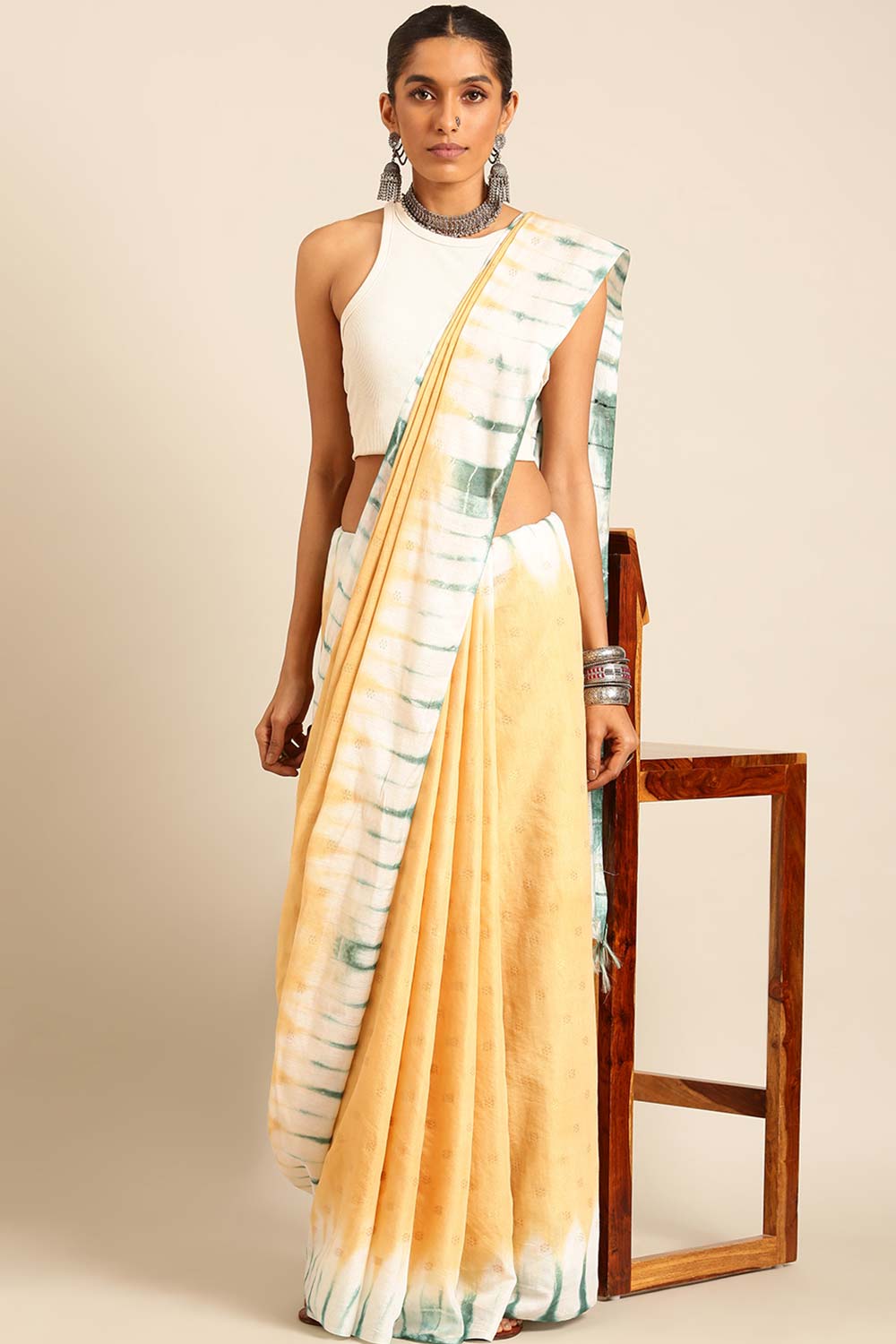 Cream Silk Blend Woven Saree