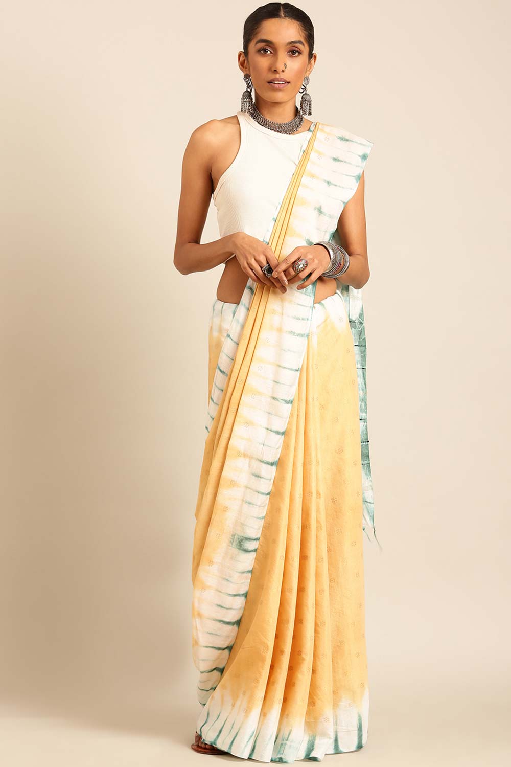 Cream Silk Blend Woven Saree