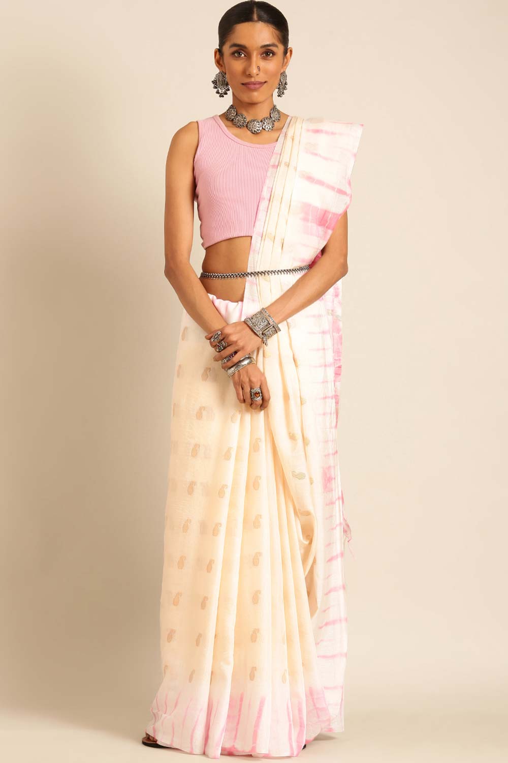 Cream Silk Blend Woven Saree