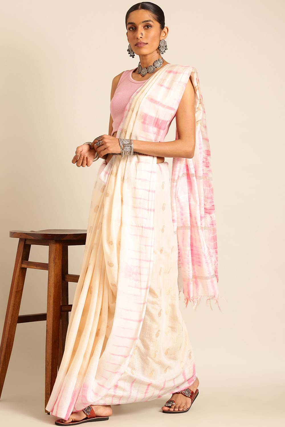 Cream Silk Blend Woven Saree