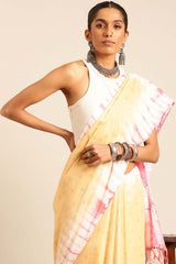 Cream Silk Blend Woven Saree