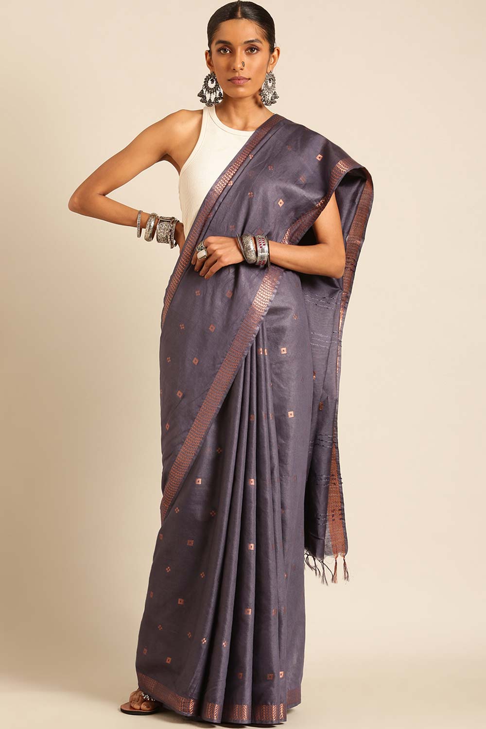 Grey Silk Blend Woven Saree