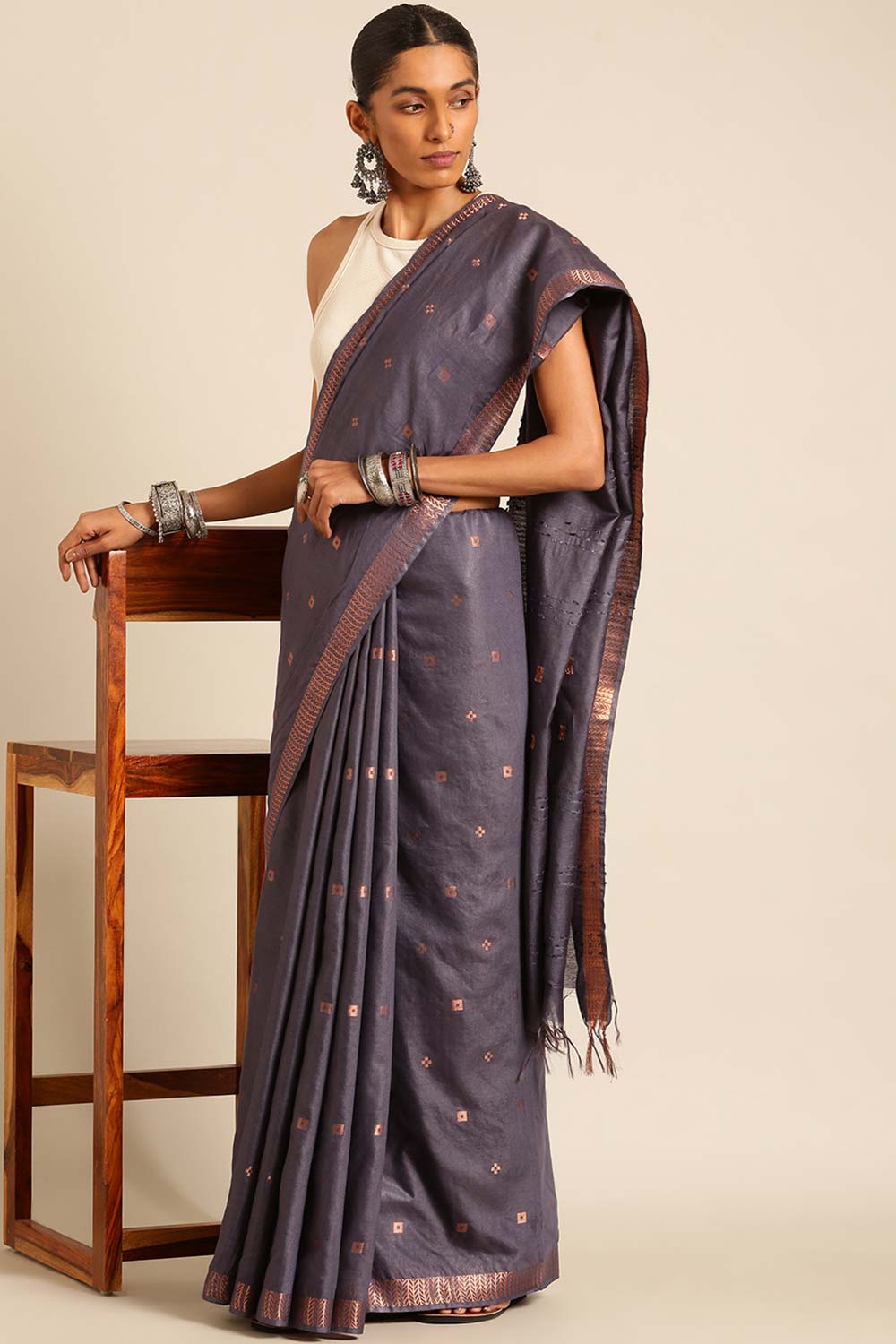 Grey Silk Blend Woven Saree