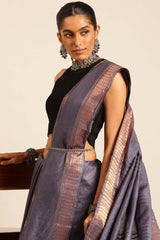 Grey Silk Blend Woven Saree