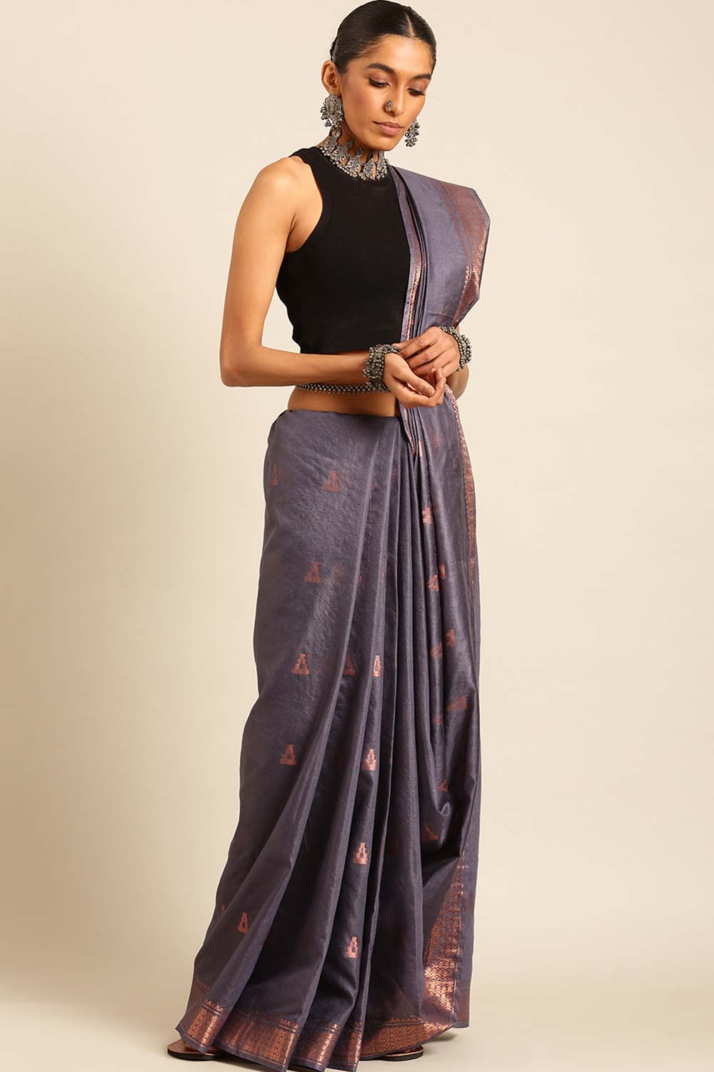 Grey Silk Blend Woven Saree