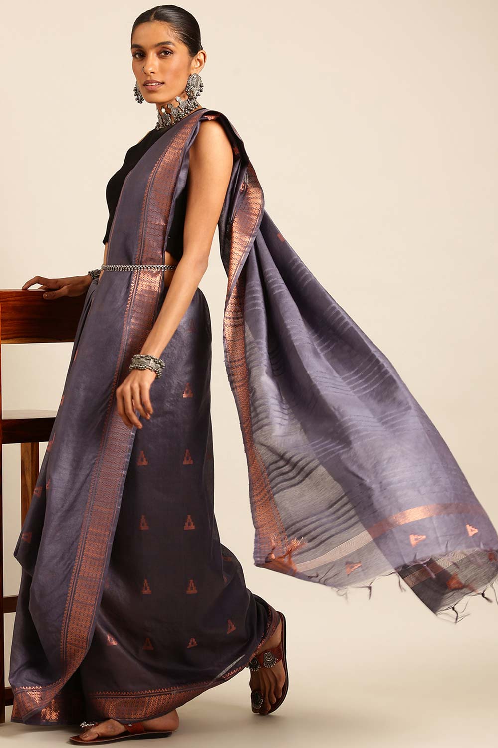 Grey Silk Blend Woven Saree