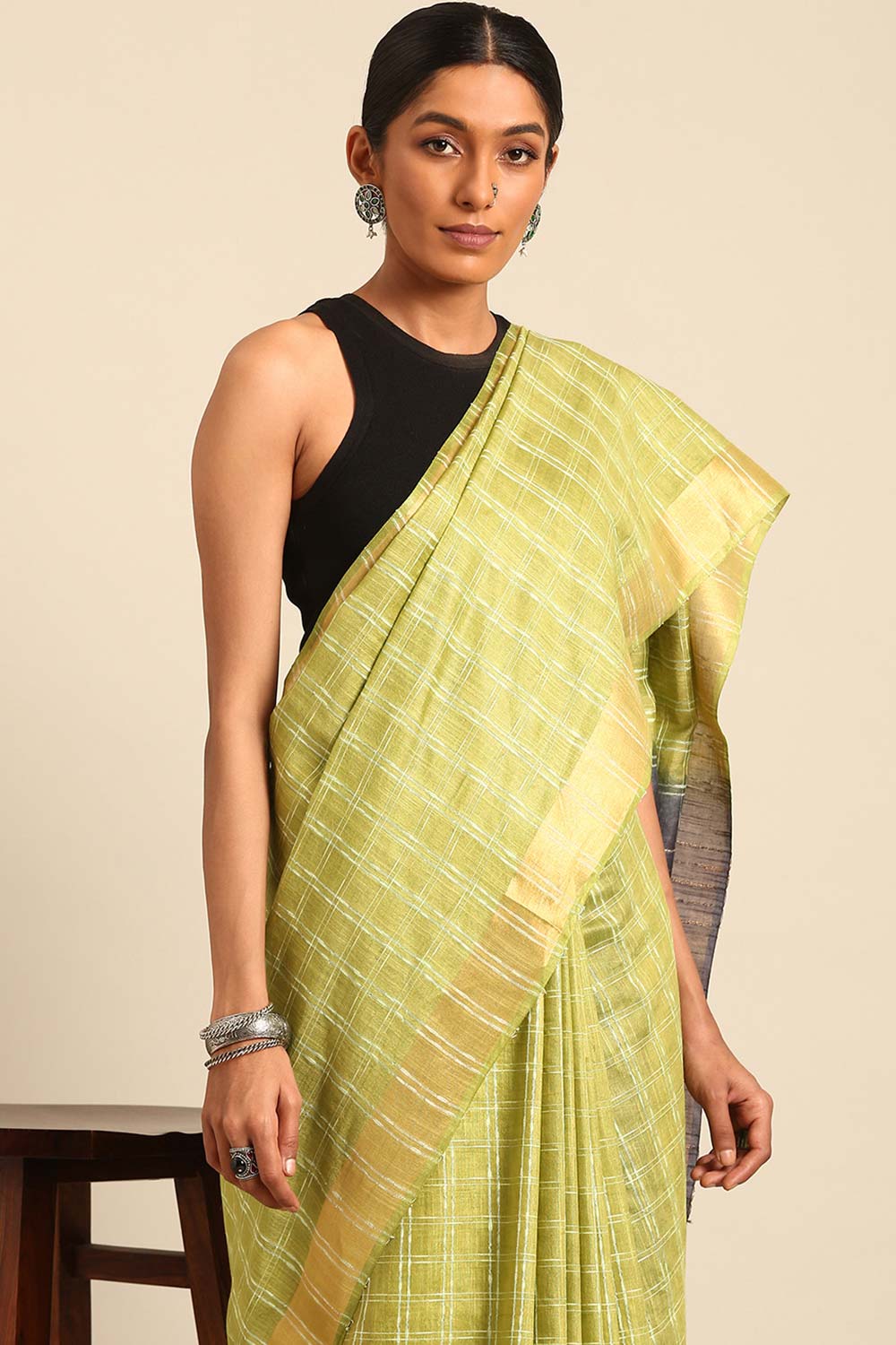 Green Silk Blend Woven Saree