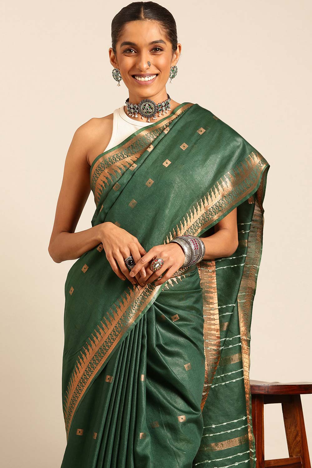 Green Silk Blend Woven Saree