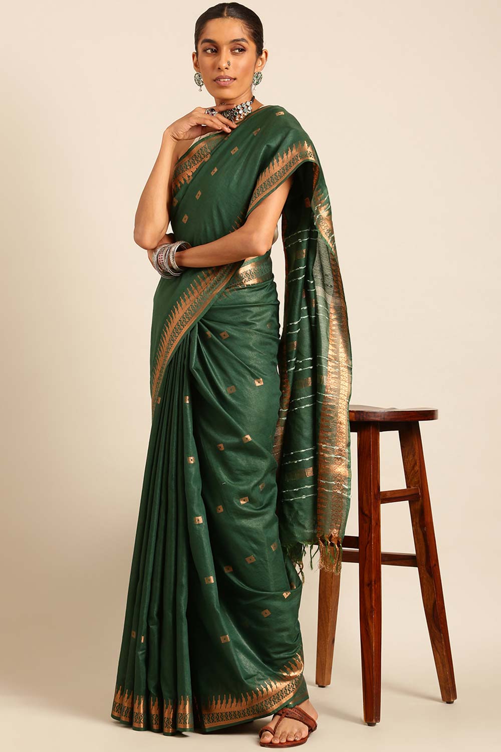 Green Silk Blend Woven Saree