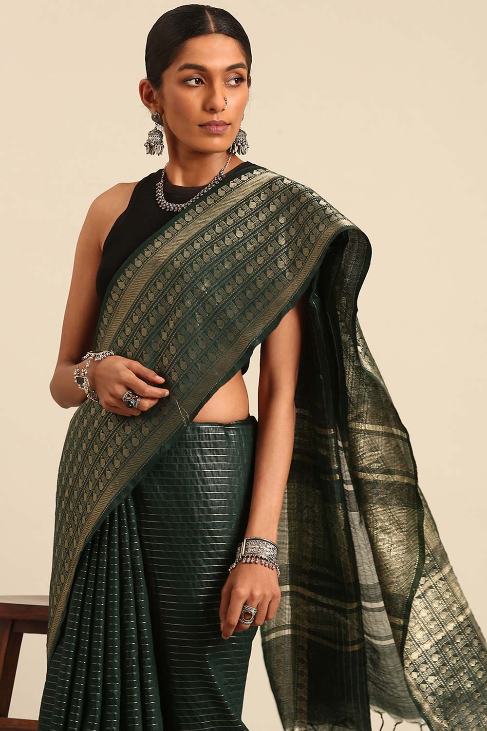 Green Silk Blend Woven Saree