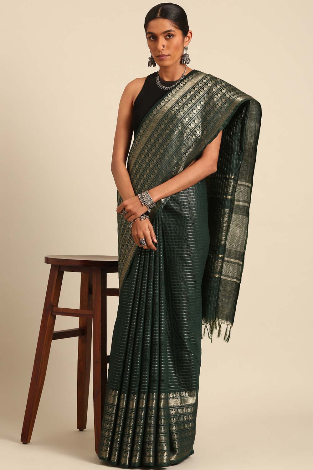 Green Silk Blend Woven Saree