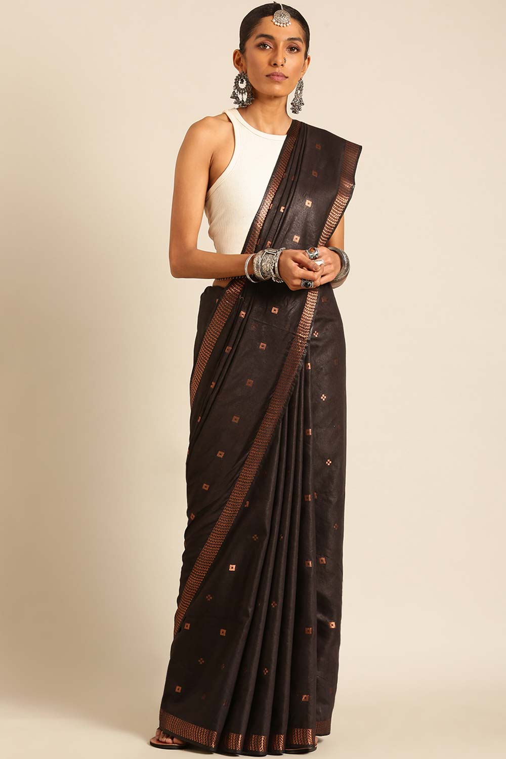 Black Silk Blend Woven Saree