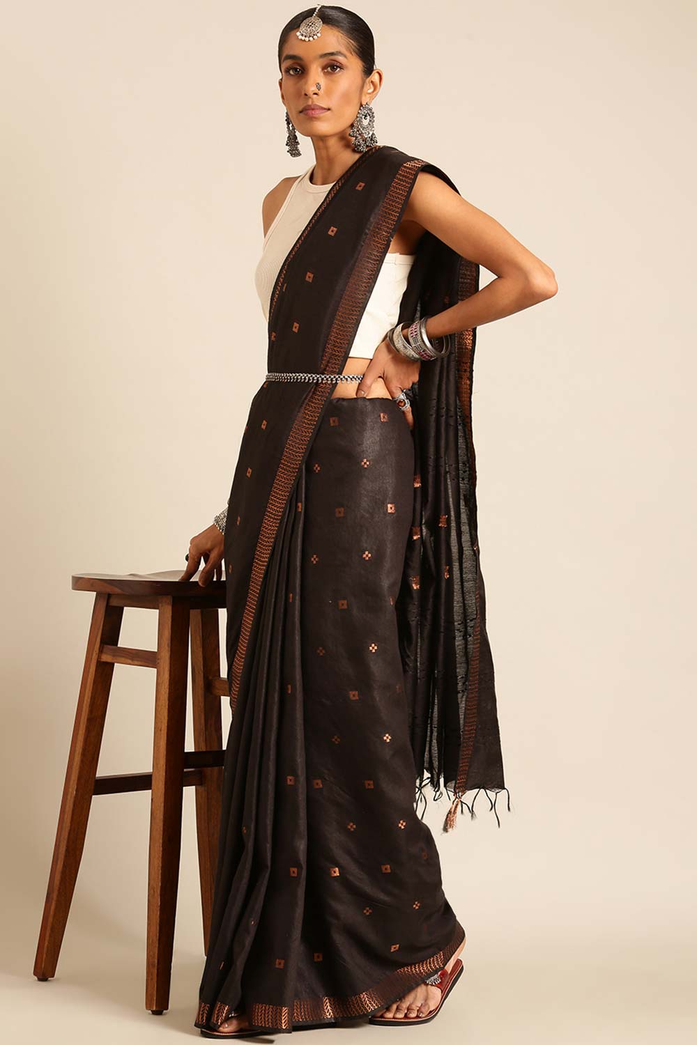 Black Silk Blend Woven Saree