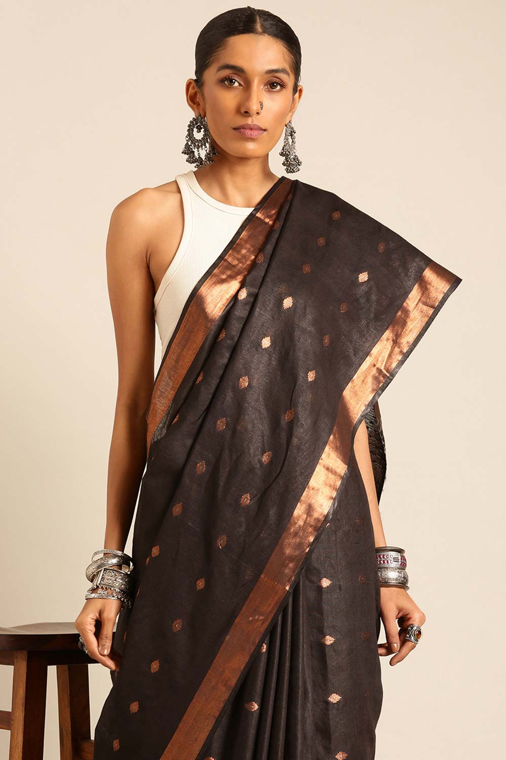 Black Silk Blend Woven Saree