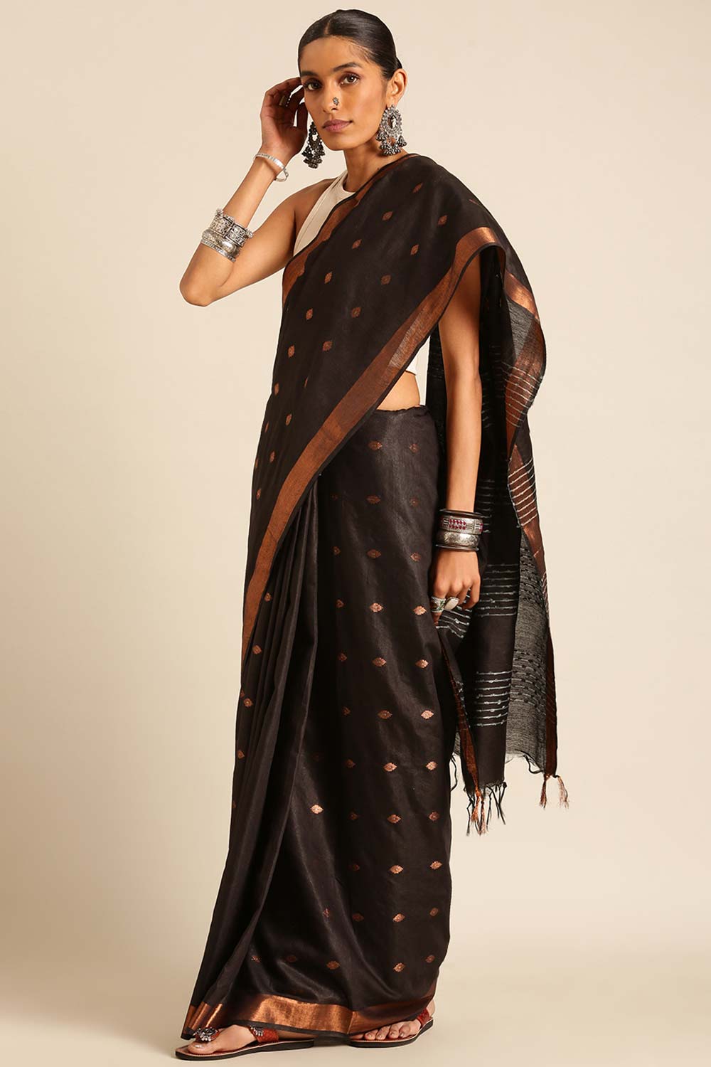 Black Silk Blend Woven Saree