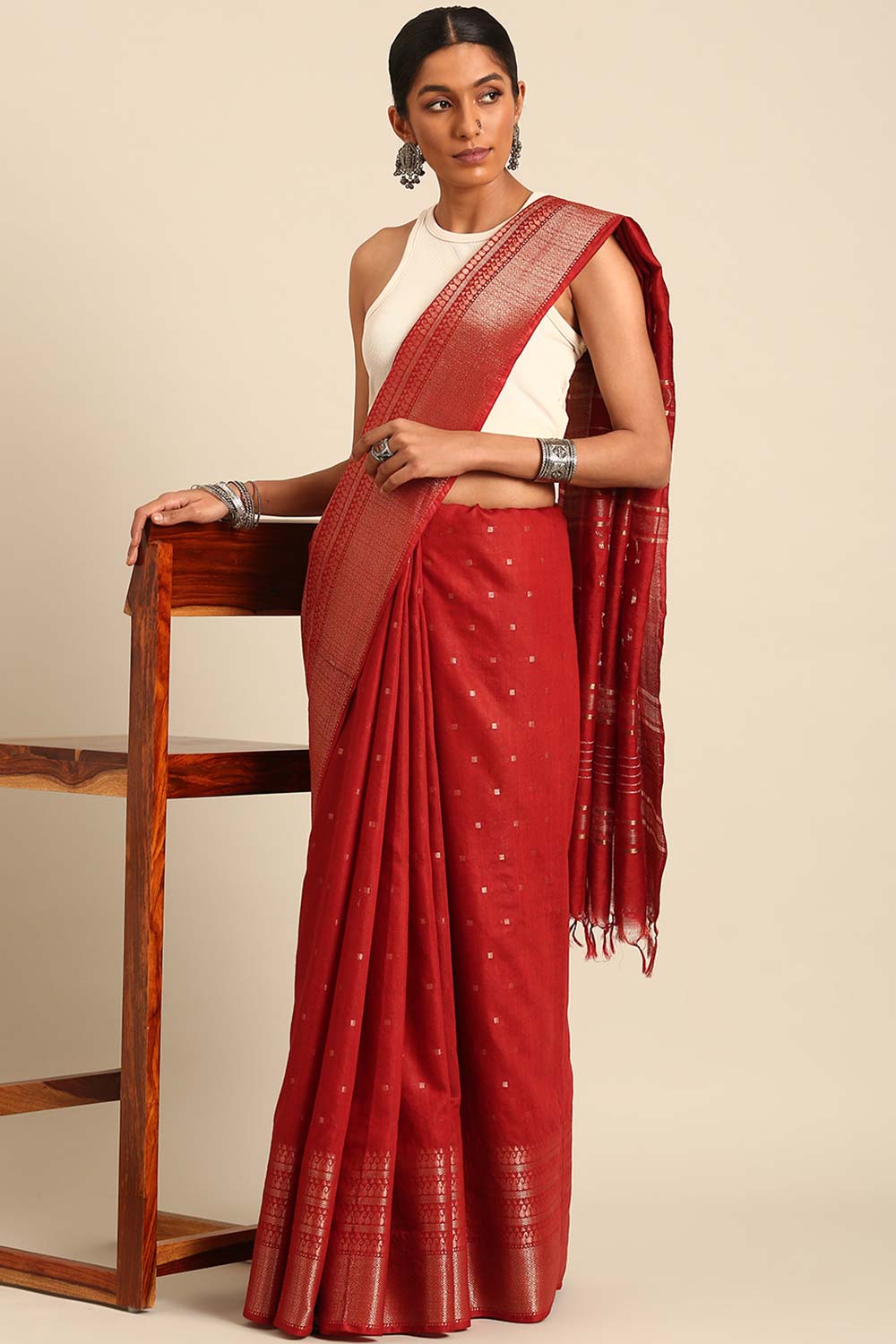 Maroon Silk Blend Woven Saree