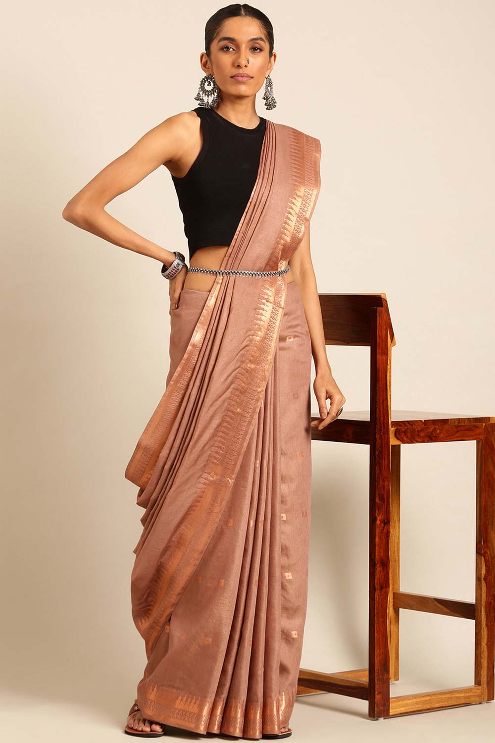 Brown Silk Blend Woven Saree