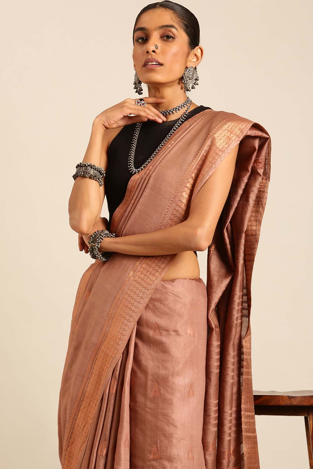 Brown Silk Blend Woven Saree