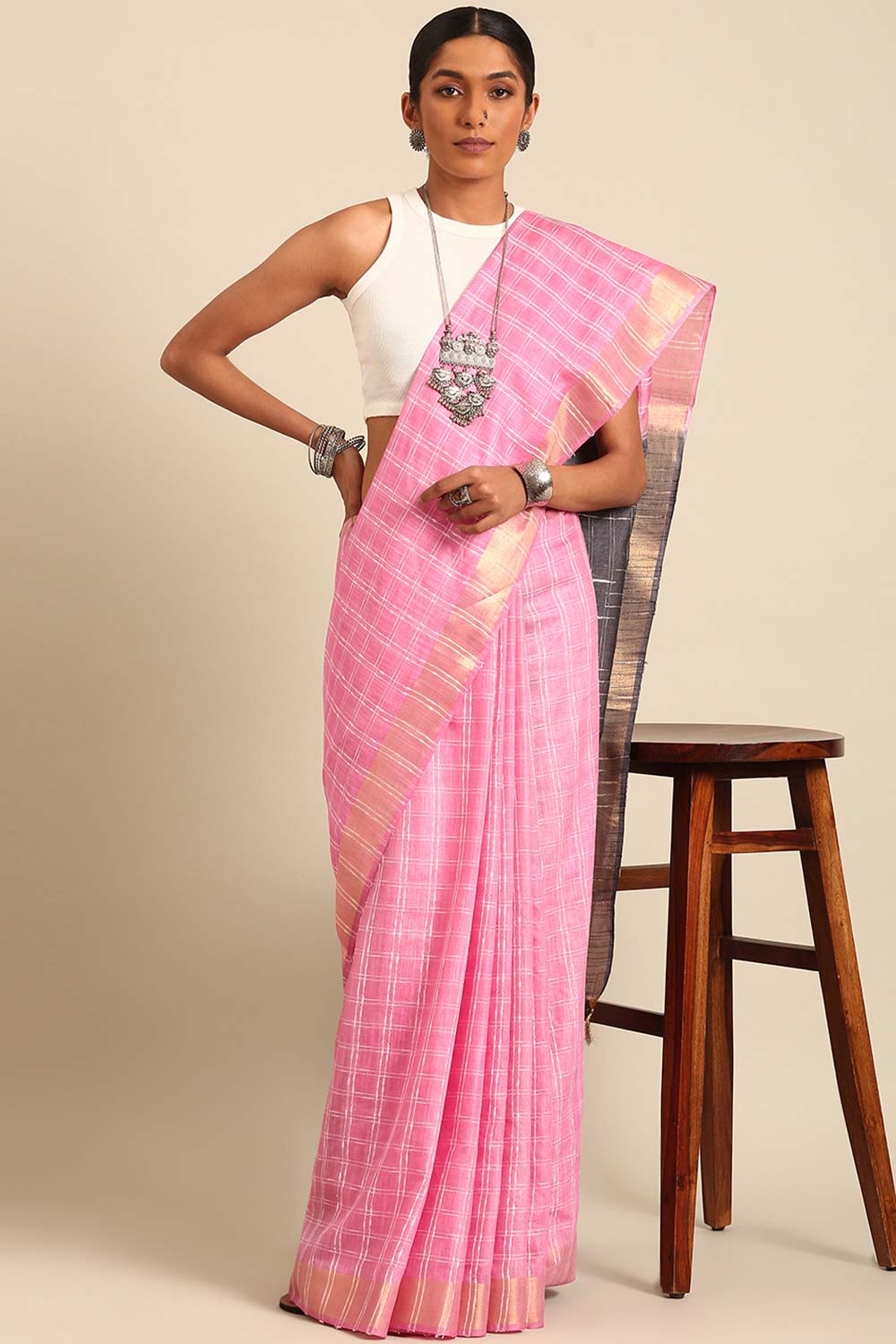 Pink Silk Blend Woven Saree