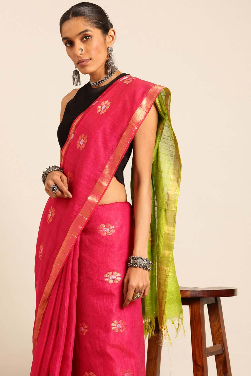 Pink Silk Blend Woven Saree