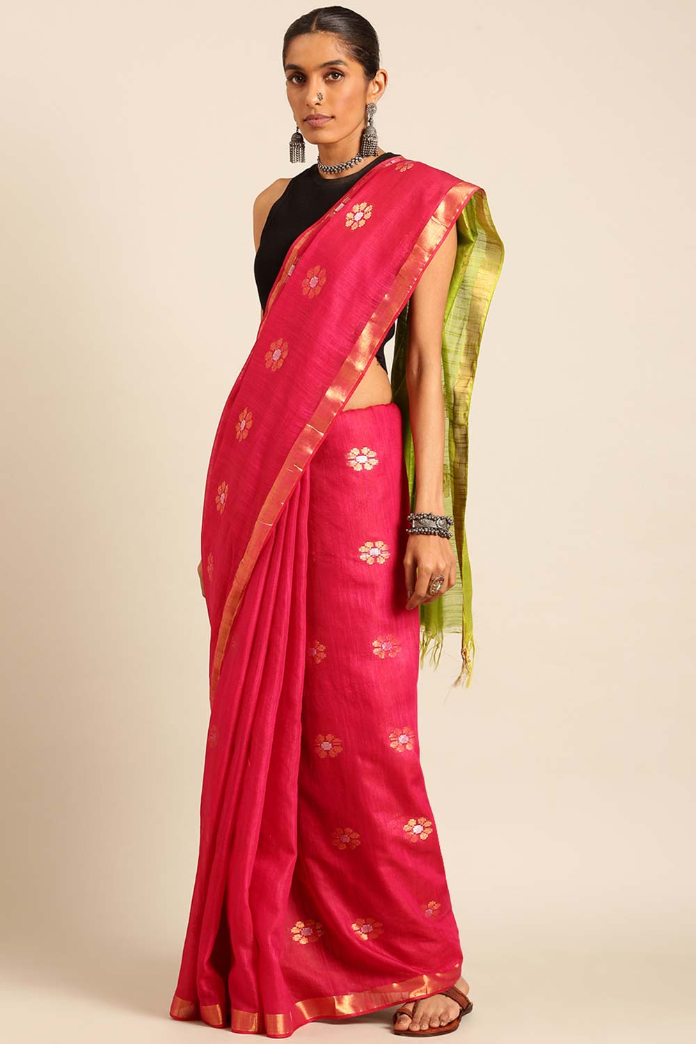 Pink Silk Blend Woven Saree