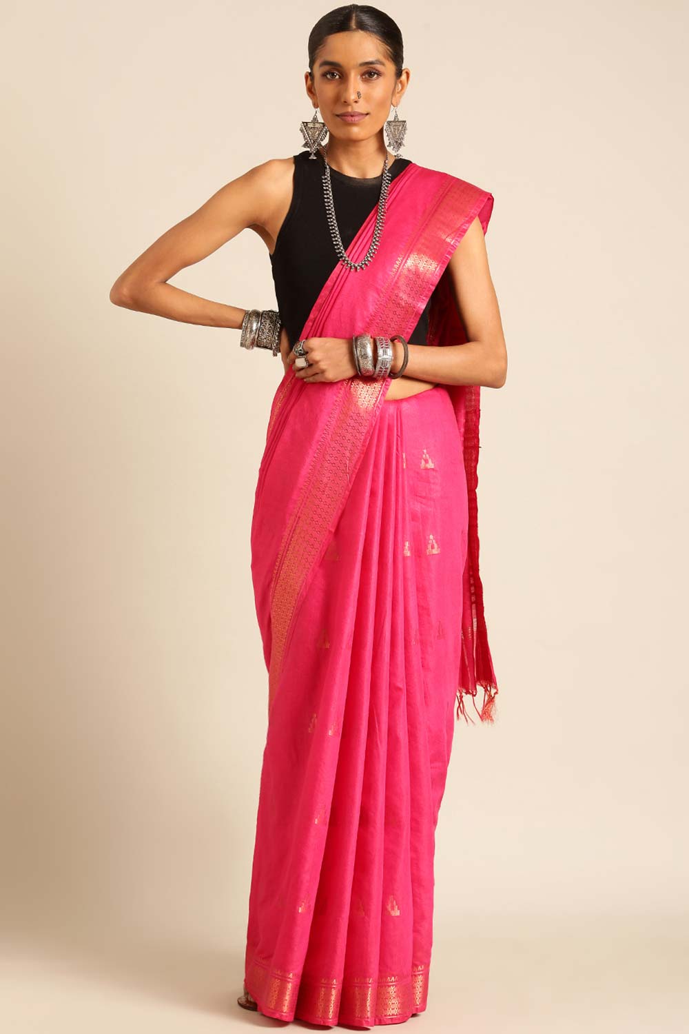 Pink Silk Blend Woven Saree