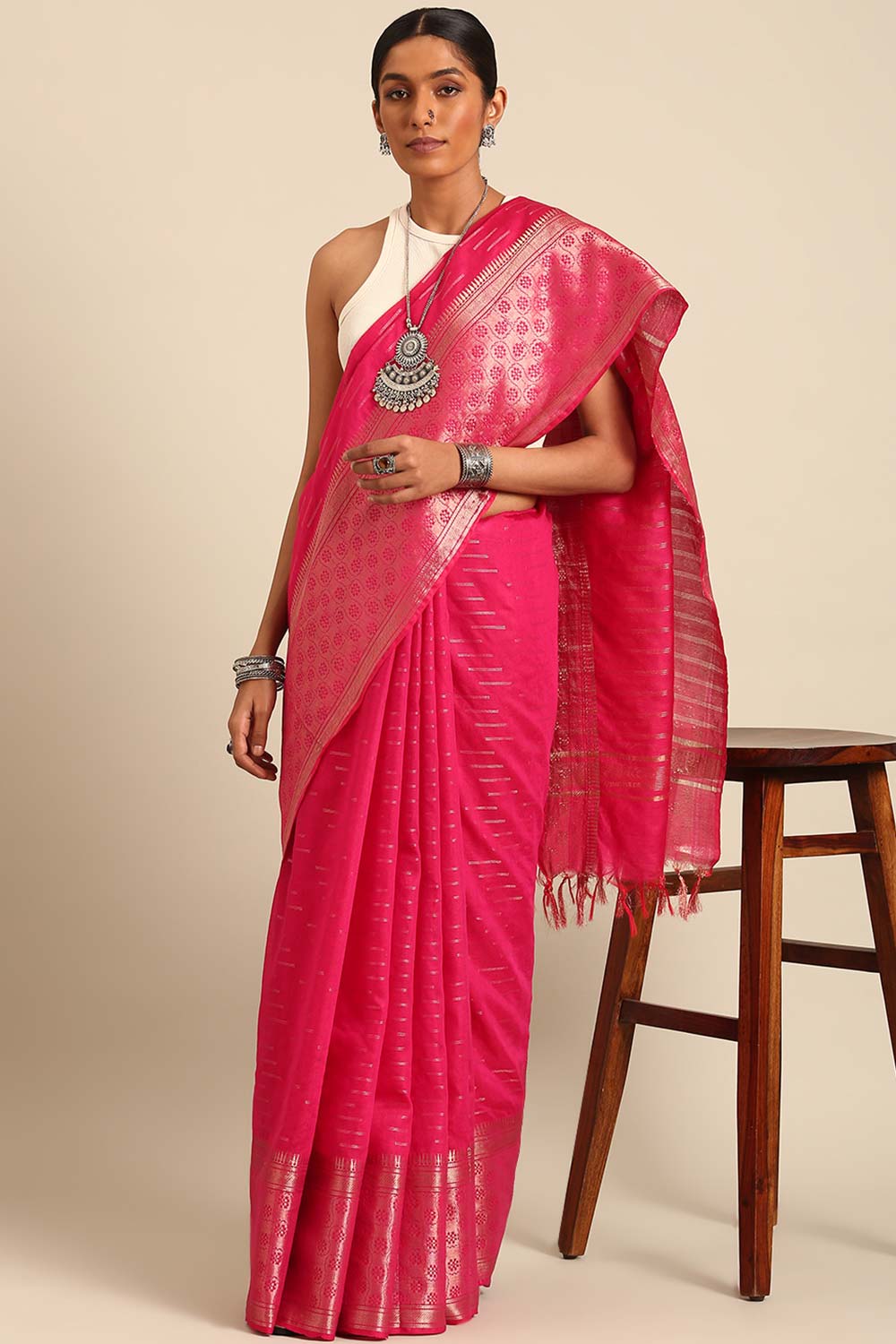 Pink Silk Blend Woven Saree