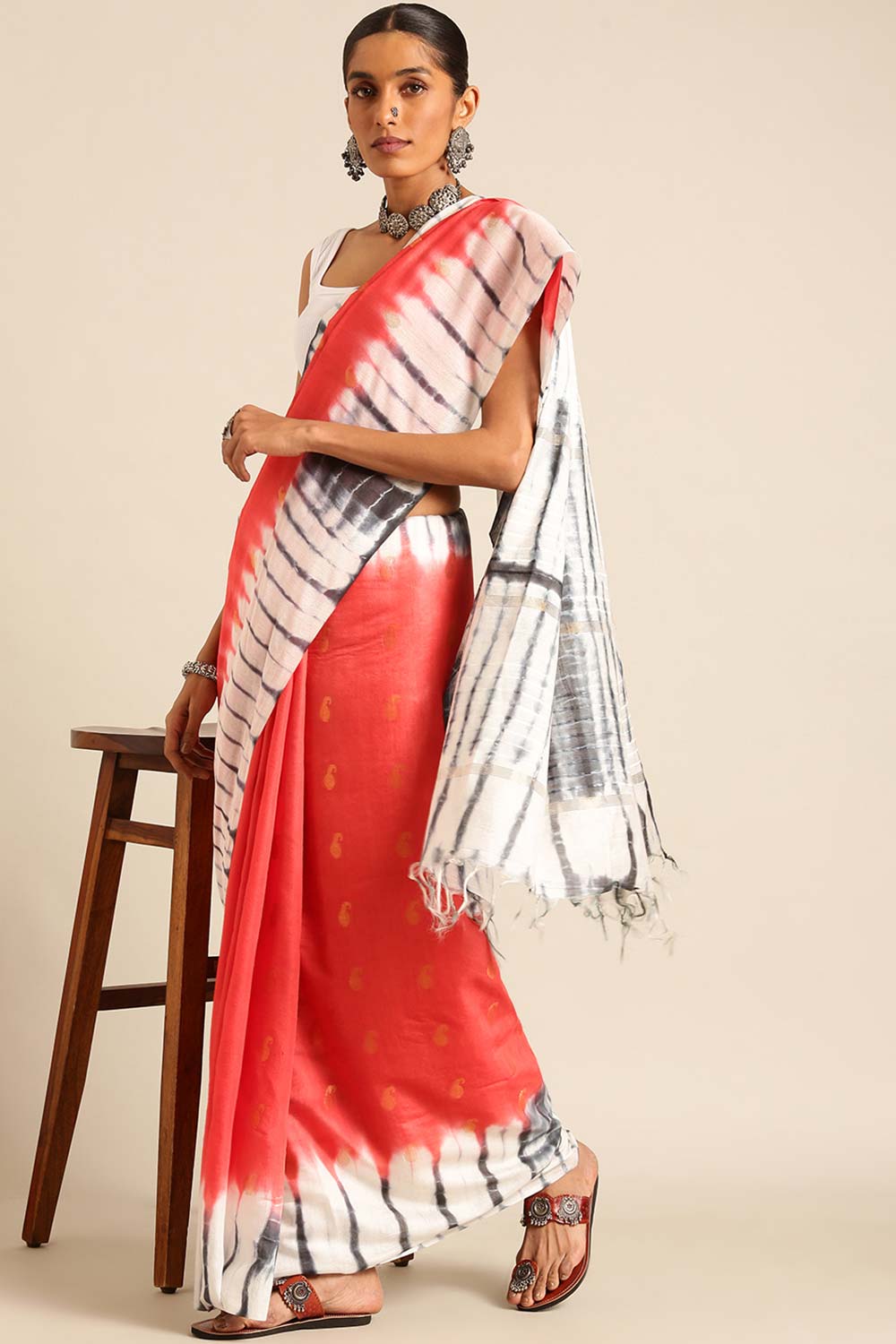 Red Silk Blend Woven Saree